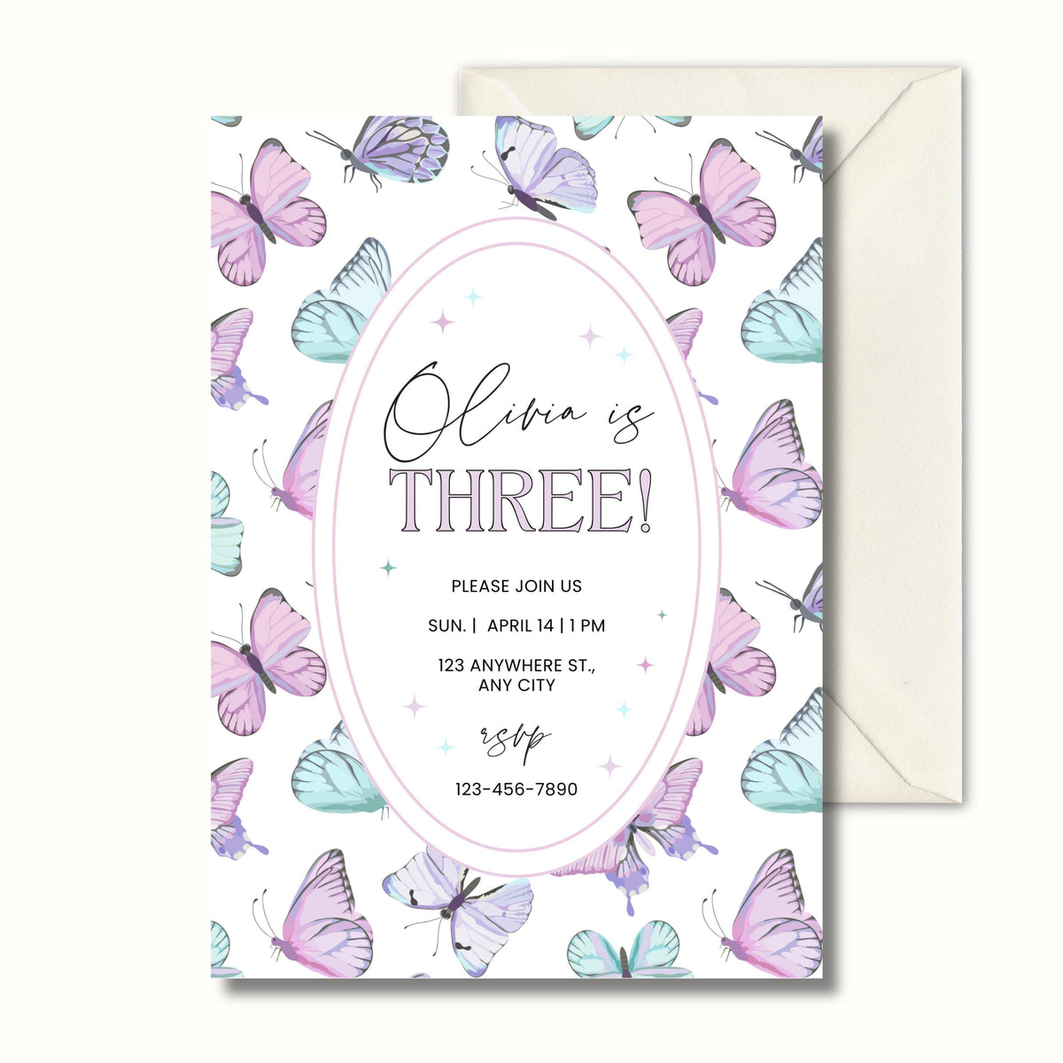 Pastel butterfly 3rd birthday invitation for girls