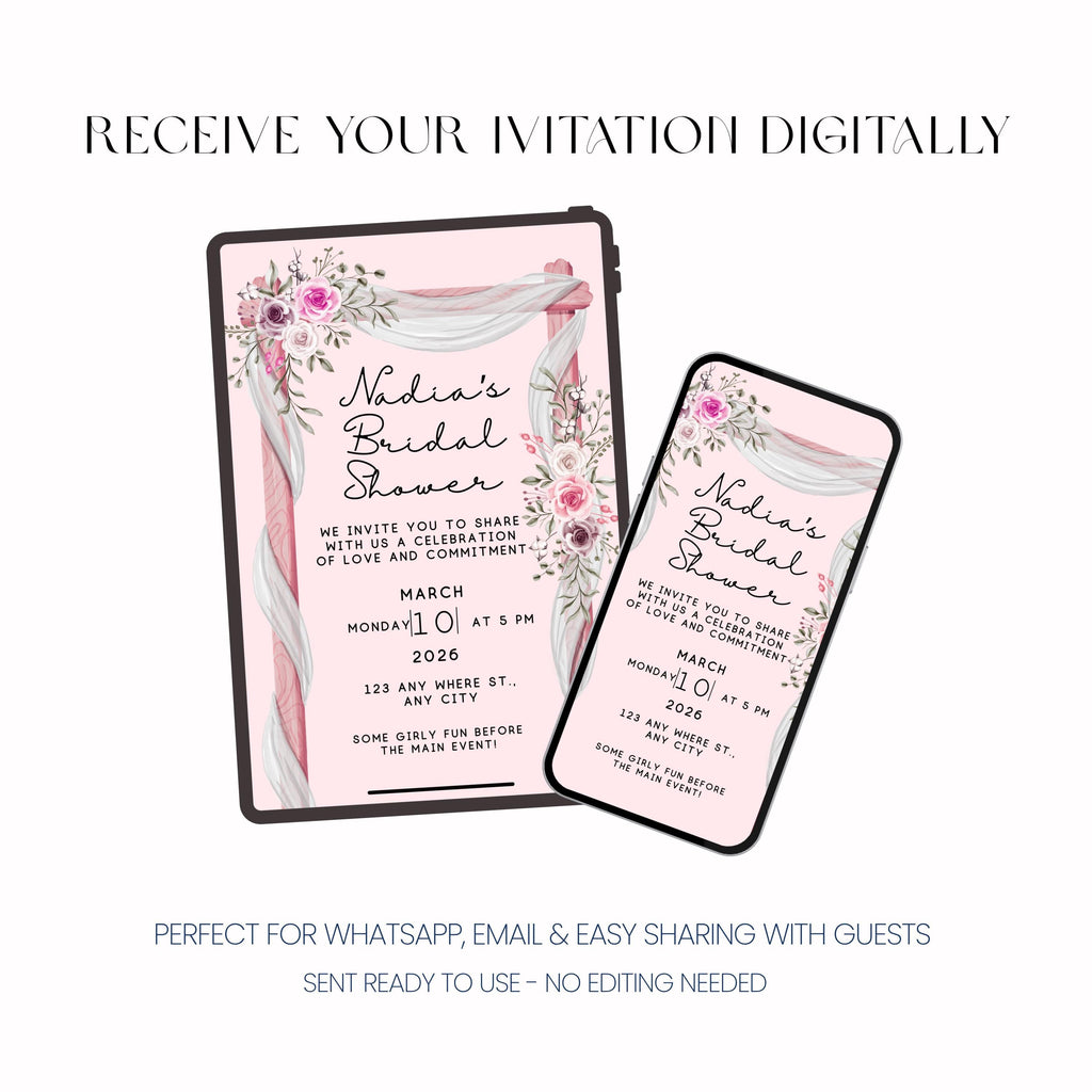 Bridal Shower Invitation, Pink Floral Bridal Shower Invite, Personalised Digital Invitation
