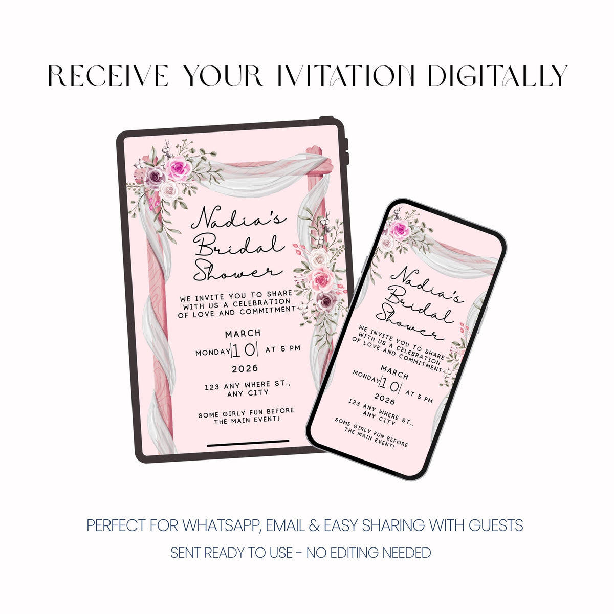 Bridal Shower Invitation, Pink Floral Bridal Shower Invite, Personalised Digital Invitation