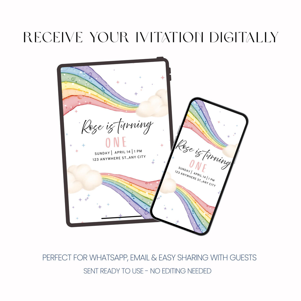 First Birthday Invitation, Rainbow Birthday Invite, Personalised Digital Invitation