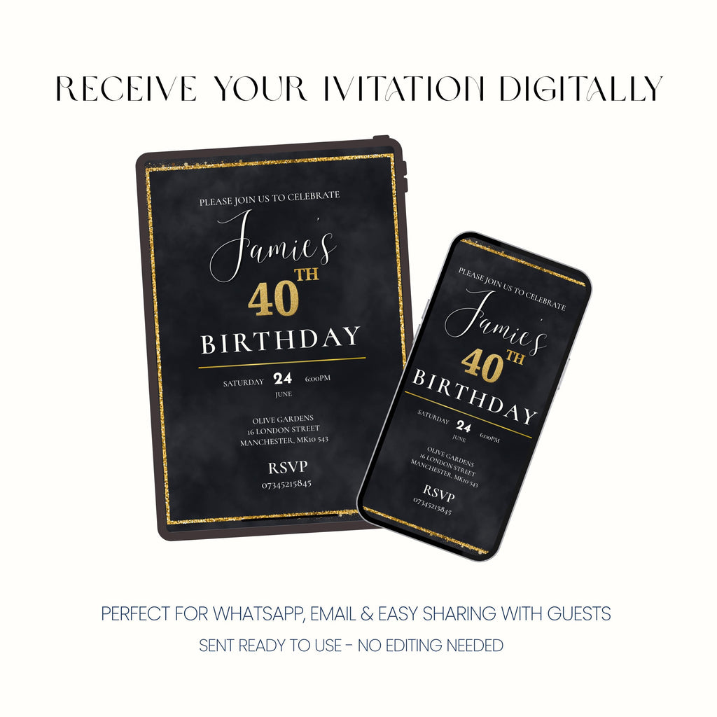 Luxury Black Gold 40th Birthday Invitation, Personalised Adult Birthday Party Invite