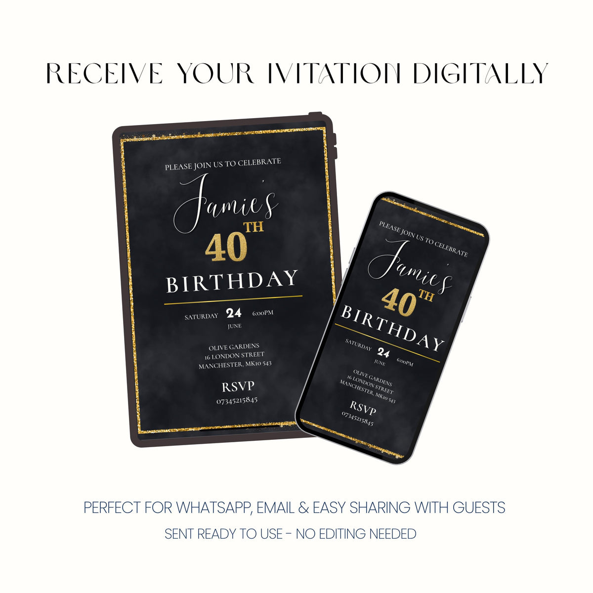 40th Birthday Invitation, Black Gold Party Invite, Personalised Digital Invite, Adult Birthday PDF