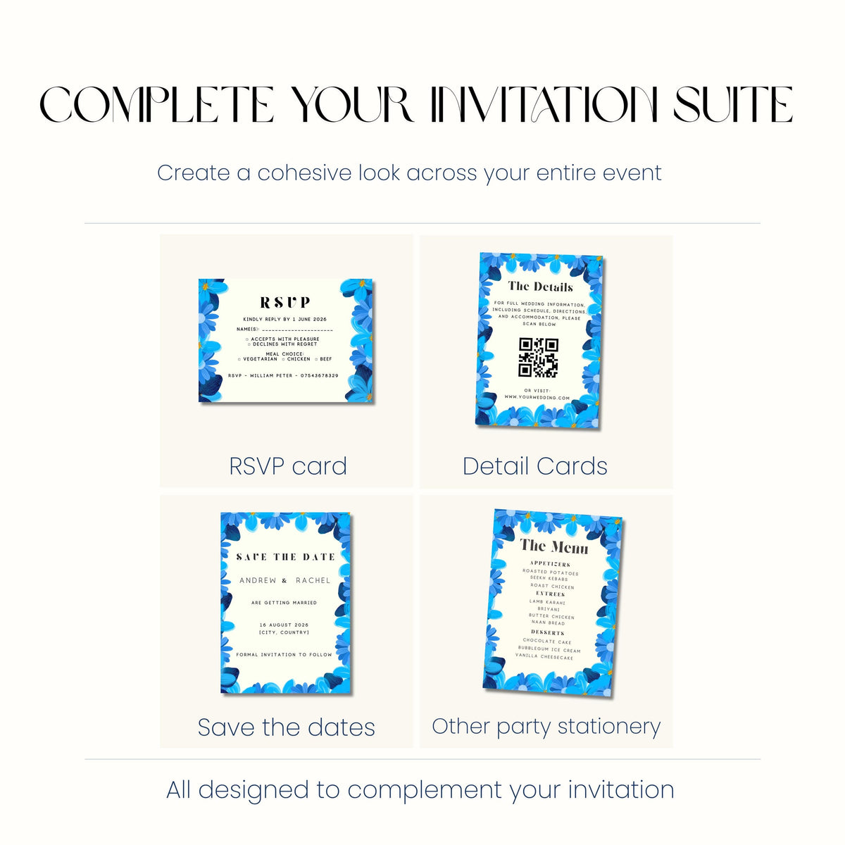 Blue Floral Wedding Invitation, Elegant Wedding Invite, Personalised Digital Invitation