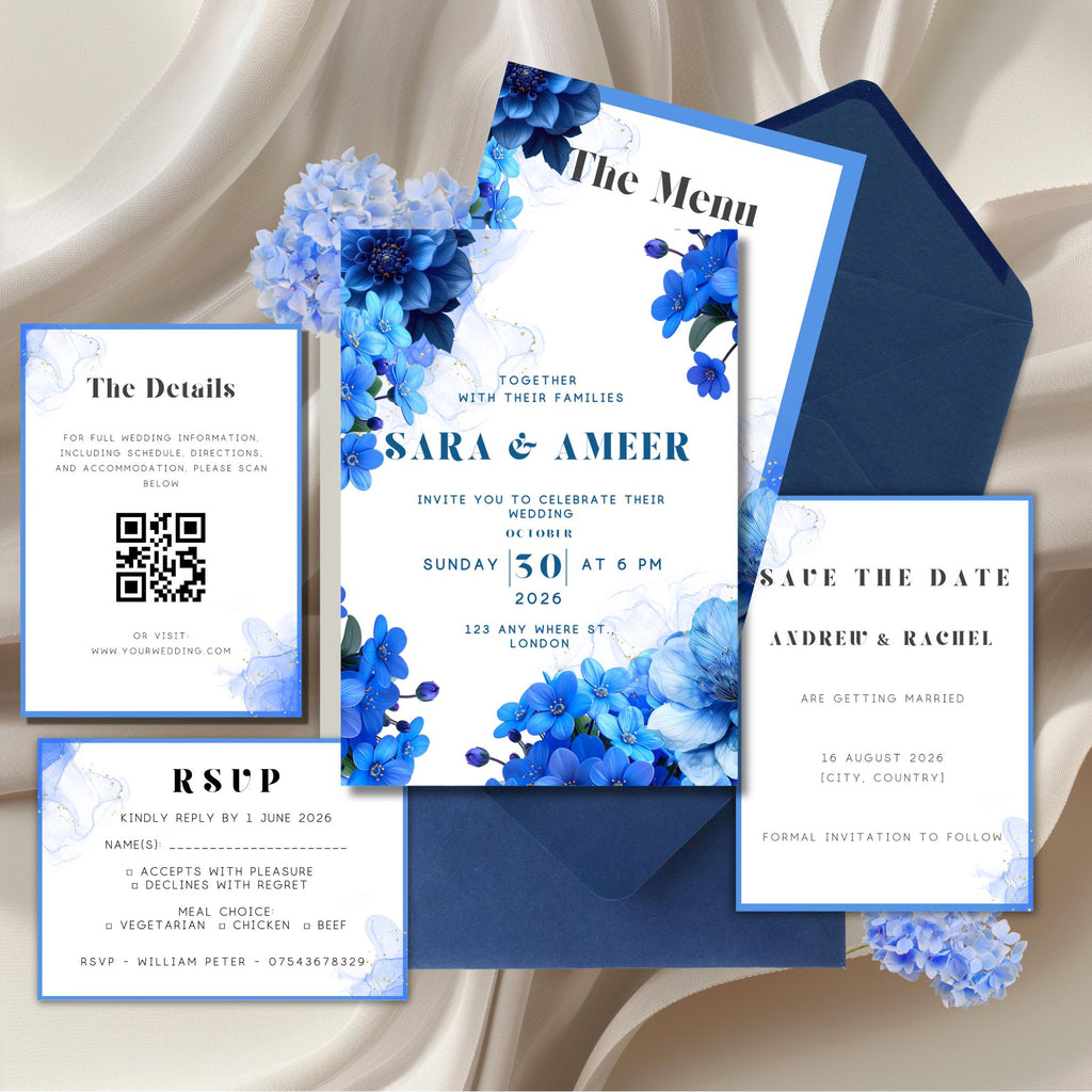 Midnight Bloom Navy Blue Wedding Invitation Suite | Elegant Deep Blue Floral Printed Invites – Shipped to You