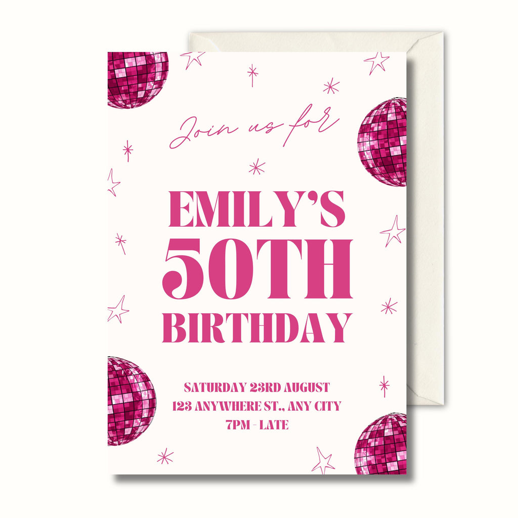 Personalised 50th Birthday Invitation, Pink Disco Party Invite, Digital Invitation