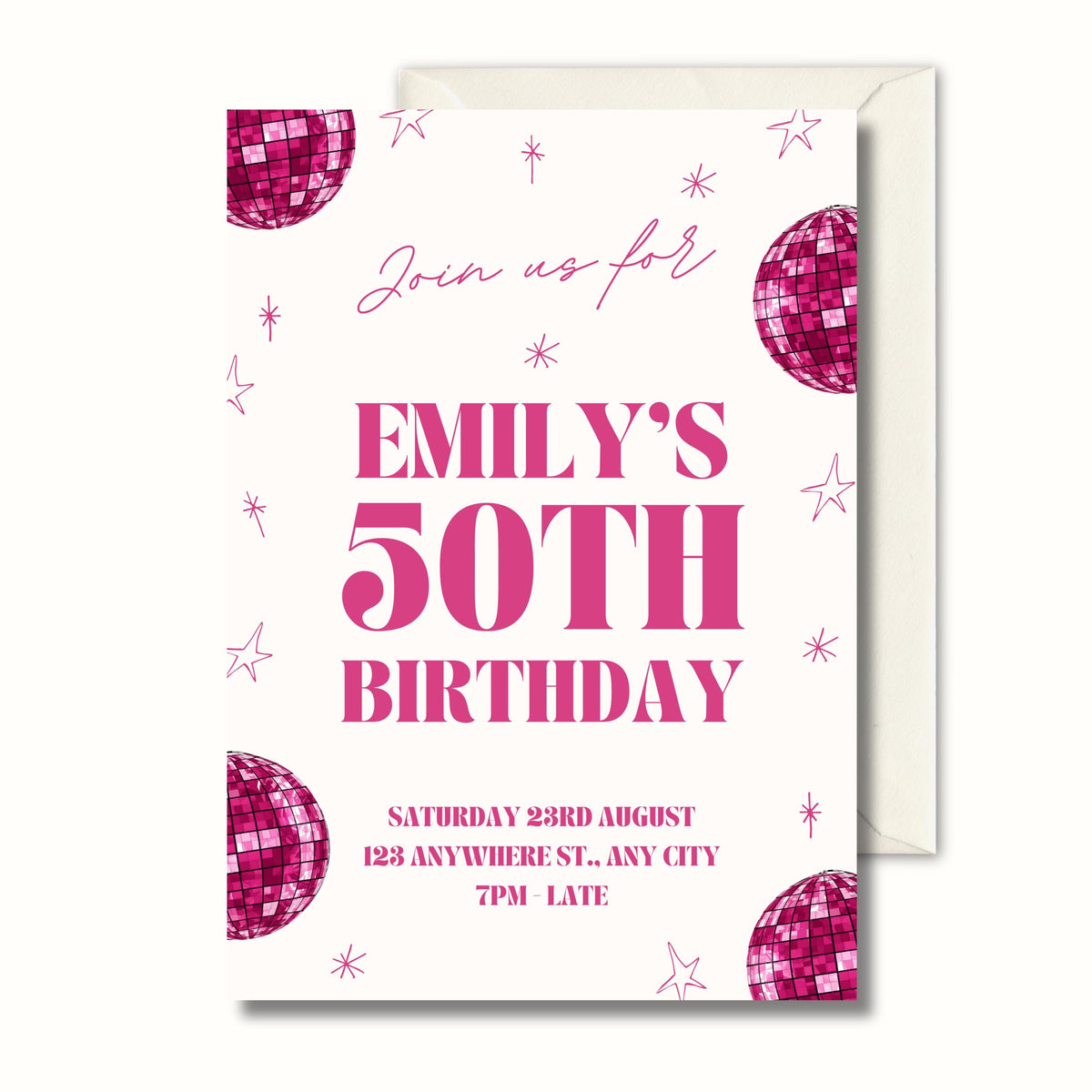 Personalised 50th Birthday Invitation, Pink Disco Party Invite, Digital Invitation
