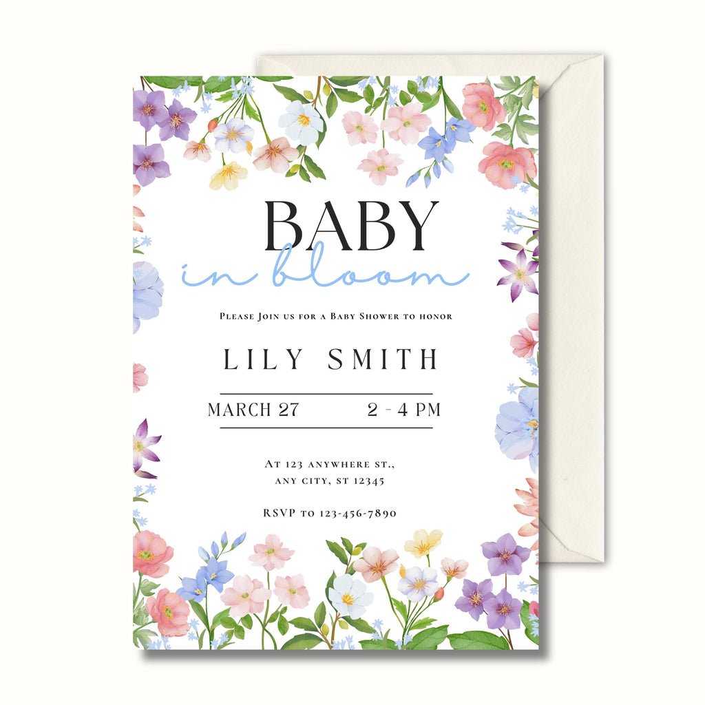 Personalised Baby in Bloom Baby Shower Invitation, Floral Baby Shower Invite, Digital Invitation