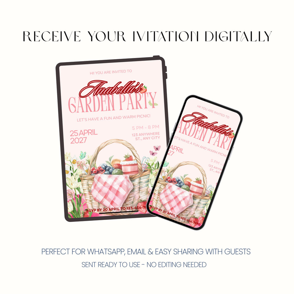 Personalised Garden Party Invitation, Floral Picnic Birthday Invite, Digital Invitation