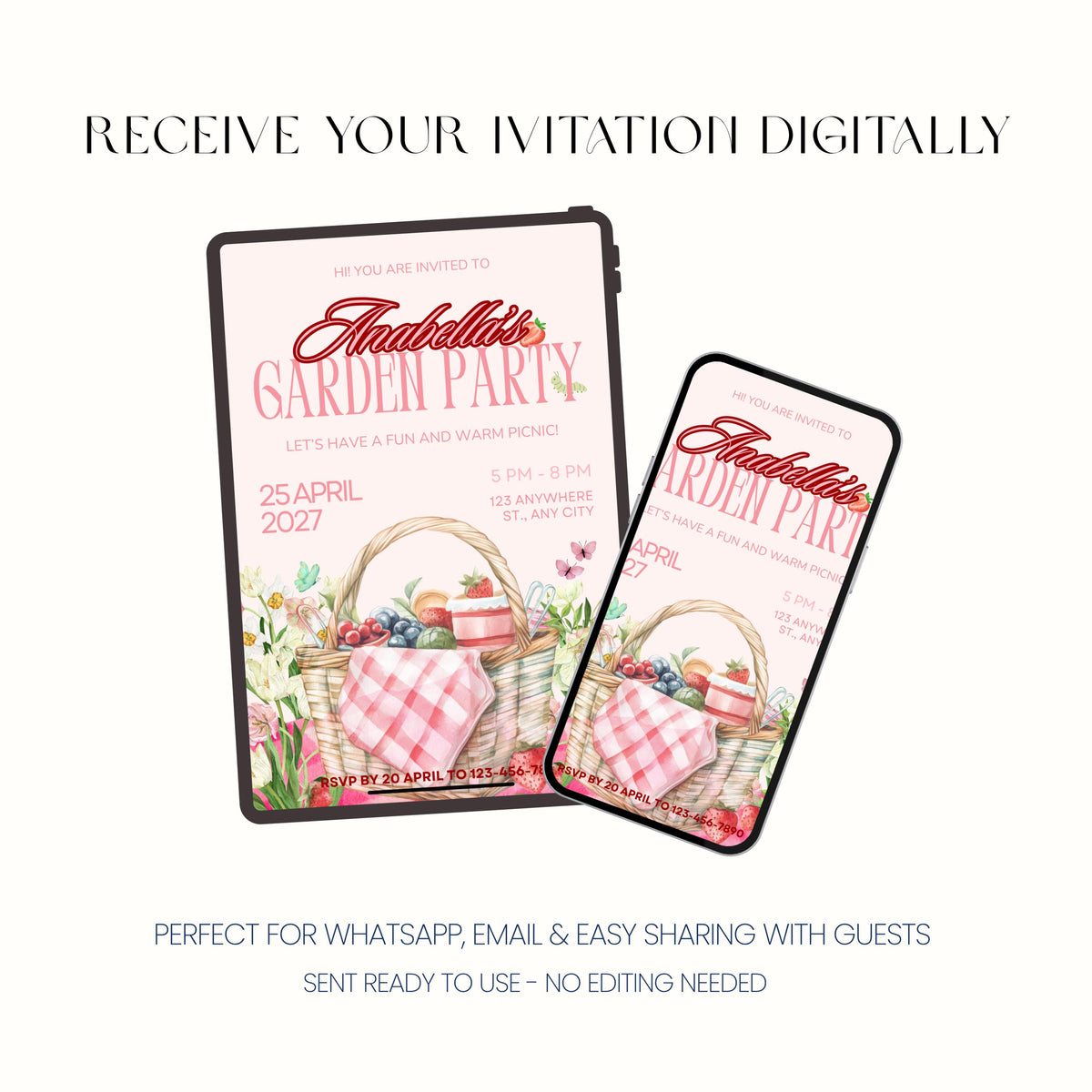 Personalised Garden Party Invitation, Floral Picnic Birthday Invite, Digital Invitation