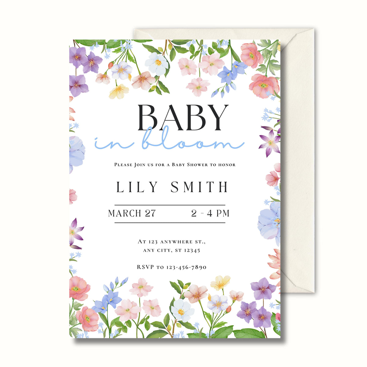 Personalised Baby in Bloom Baby Shower Invitation, Floral Baby Shower Invite, Printed 5x7 Invitations, Shipped to You