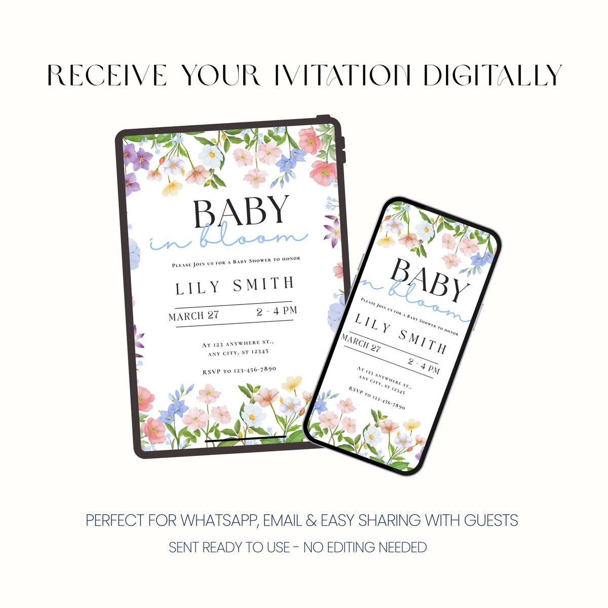 Personalised Baby in Bloom Baby Shower Invitation, Floral Baby Shower Invite, Printed 5x7 Invitations, Shipped to You