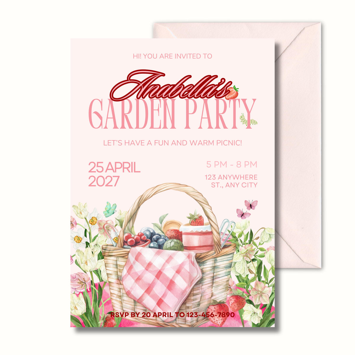 Garden Party Invitation, Floral Picnic Invite, Personalised Printed Invitation, 5x7 Cards Shipped