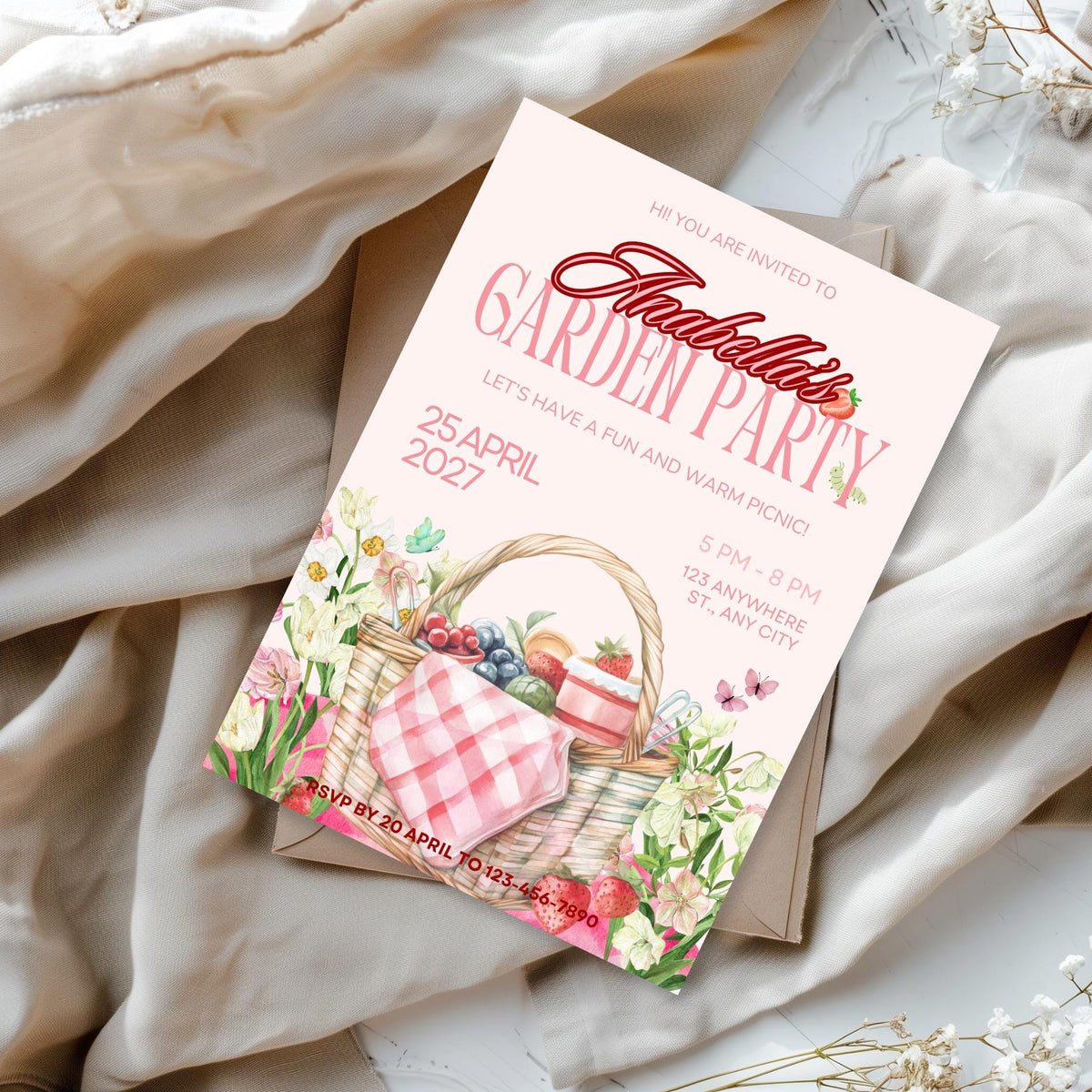Personalised Garden Party Invitation, Floral Picnic Birthday Invite, Digital Invitation