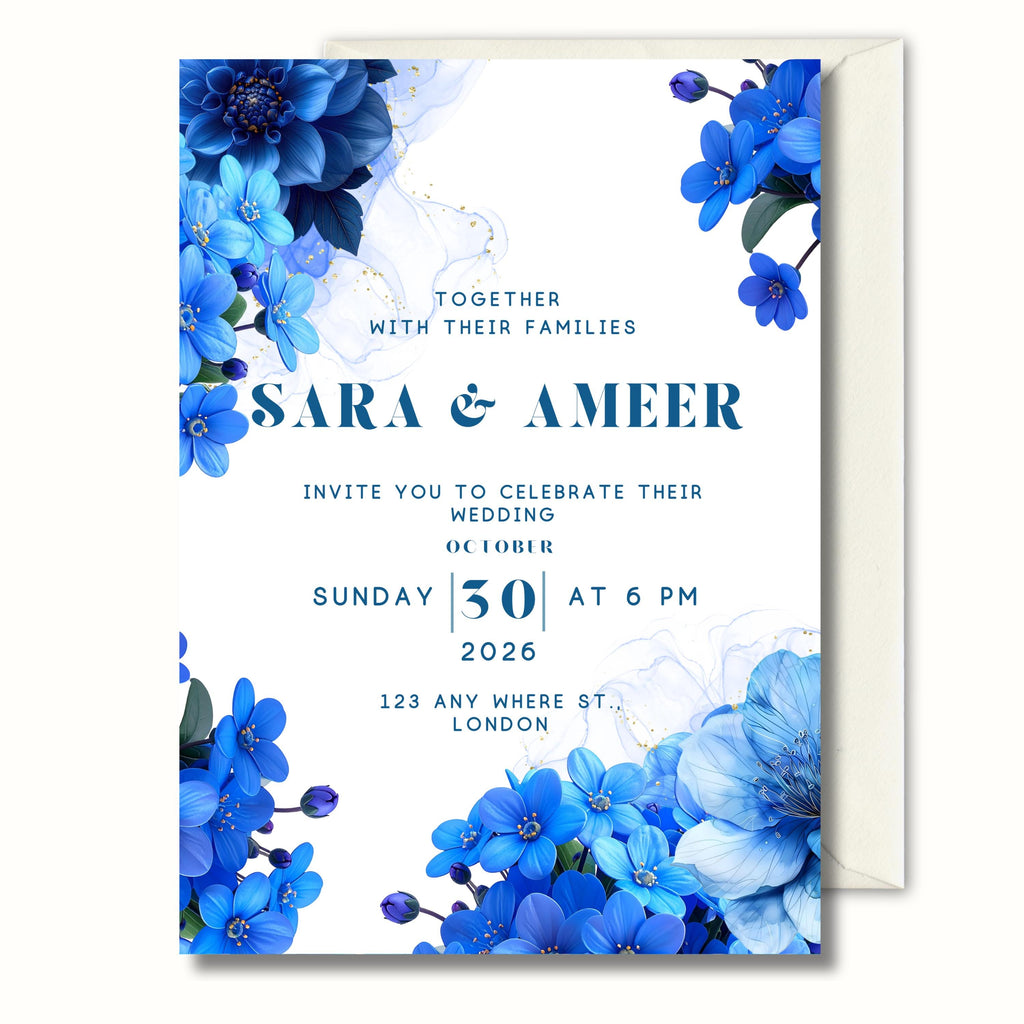 Something Blue Wedding Invitation, Blue Floral Wedding Invite, Personalised Invitation