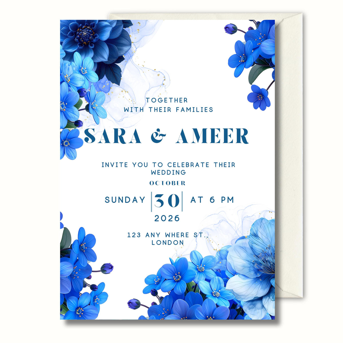 Something Blue Wedding Invitation, Blue Floral Wedding Invite, Personalised Invitation