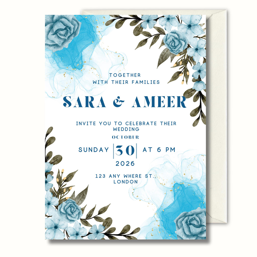 Something Blue Wedding Invitation, Blue Floral Wedding Invite, Personalised Invitation