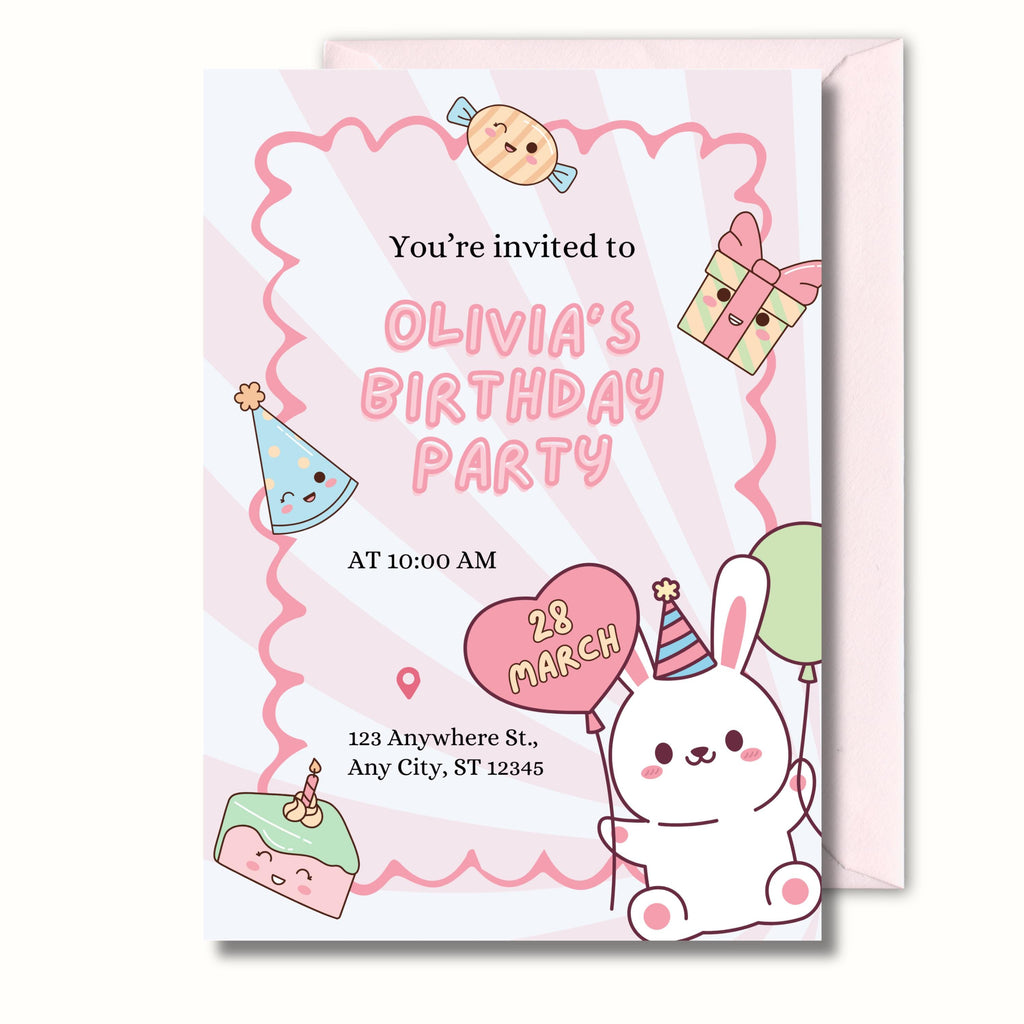 Bunny Birthday Invitation, Kids Birthday Party Invite, Personalised Printed Invitation