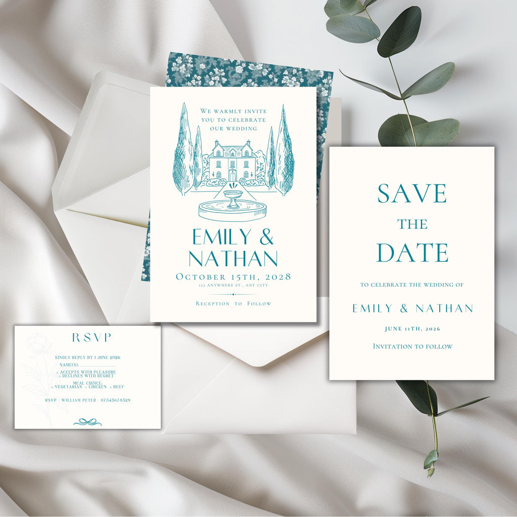teal wedding stationery set including invitation RSVP and save the date cards