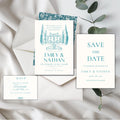 teal wedding stationery set including invitation RSVP and save the date cards