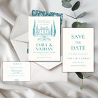 teal wedding stationery set including invitation RSVP and save the date cards