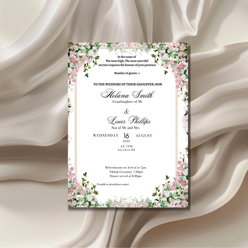 pink floral islamic wedding invitation with elegant botanical border and nikah ceremony design