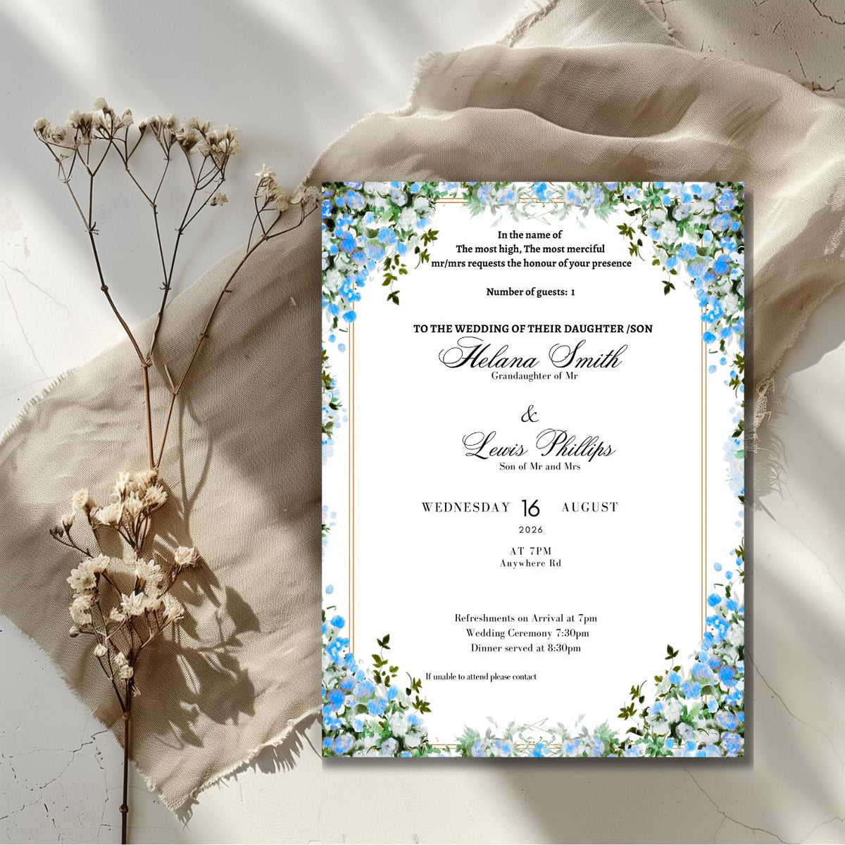 Blue Nikkah Invitation, Islamic Wedding Invitation, Personalised Invite