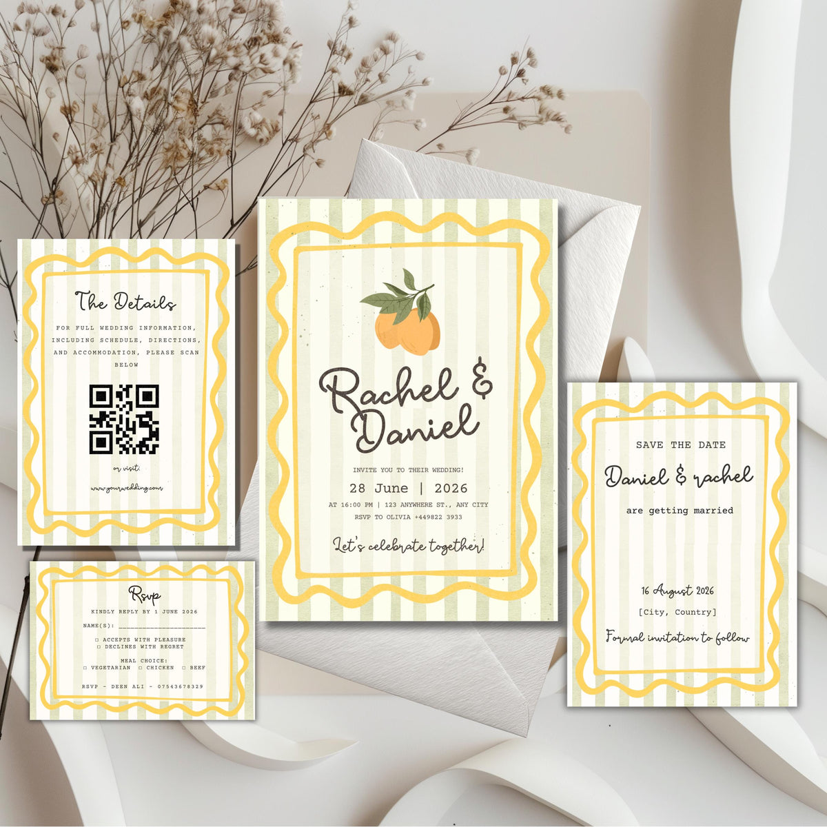 mediterranean citrus wedding invitation suite with lemon motif and sage striped design