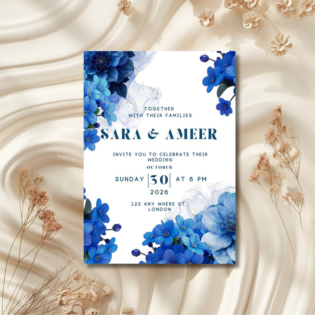 Something Blue Wedding Invitation, Blue Floral Wedding Invite, Personalised Invitation