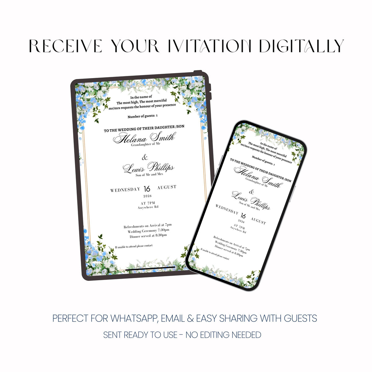 Blue Nikkah Invitation, Islamic Wedding Invitation, Personalised Invite