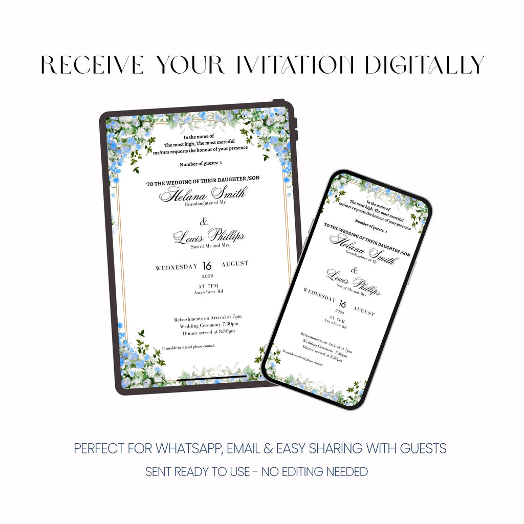 Blue Nikkah Invitation, Islamic Wedding Invitation, Personalised Digital Invite