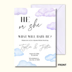 Gender reveal invitation card with clouds and text on a white background