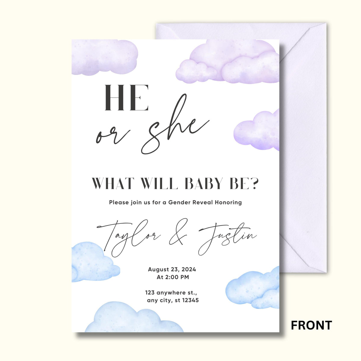Gender reveal invitation card with clouds and text on a white background
