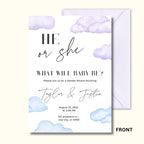 Gender reveal invitation card with clouds and text on a white background