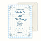 Blue gingham coquette 21st birthday invitation with bow illustration