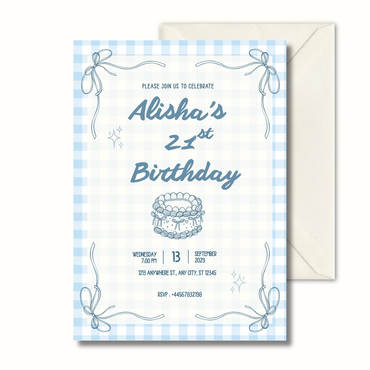 Blue gingham coquette 21st birthday invitation with bow illustration