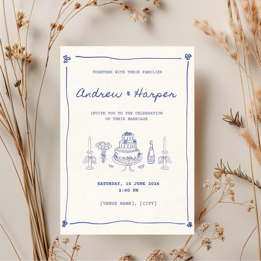 Blue Toile Wedding Invitation, Vintage Wedding Invite, Personalised Invitation