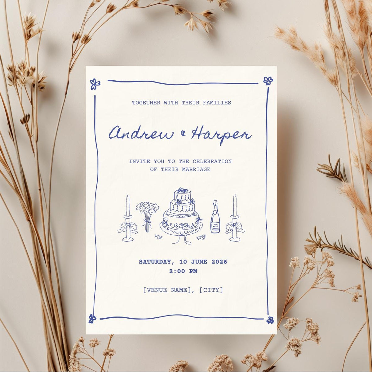 Blue Toile Wedding Invitation, Vintage Wedding Invite, Personalised Digital Invitation