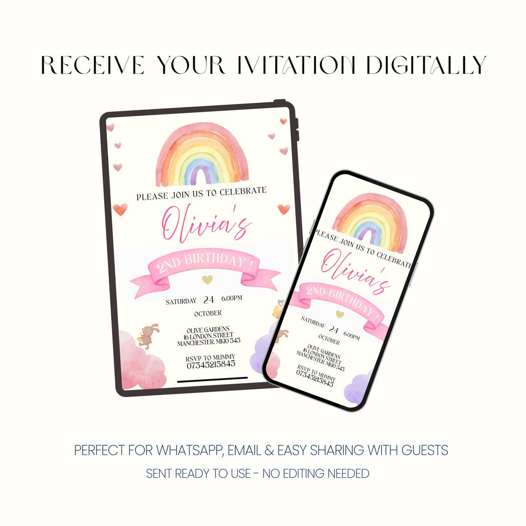 2nd Birthday Invitation, Rainbow Party Invite, Personalised Digital Invite, Kids Party Invitation PDF
