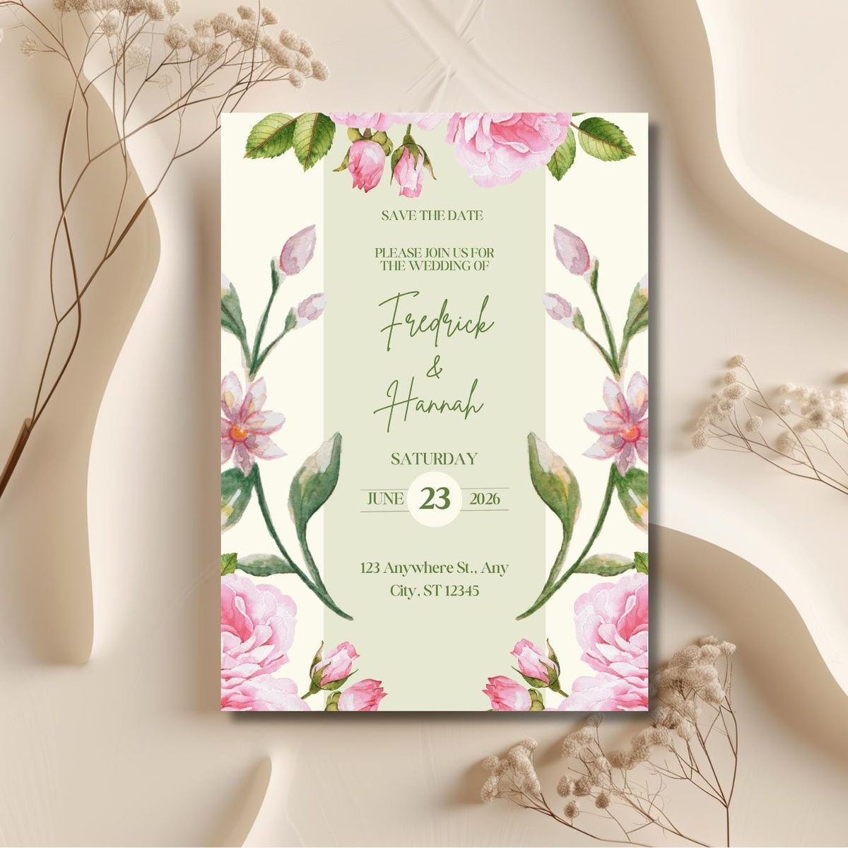 Floral Wedding Invitation Sage Green, Romantic Garden Wedding Invite, Personalised Digital Invite