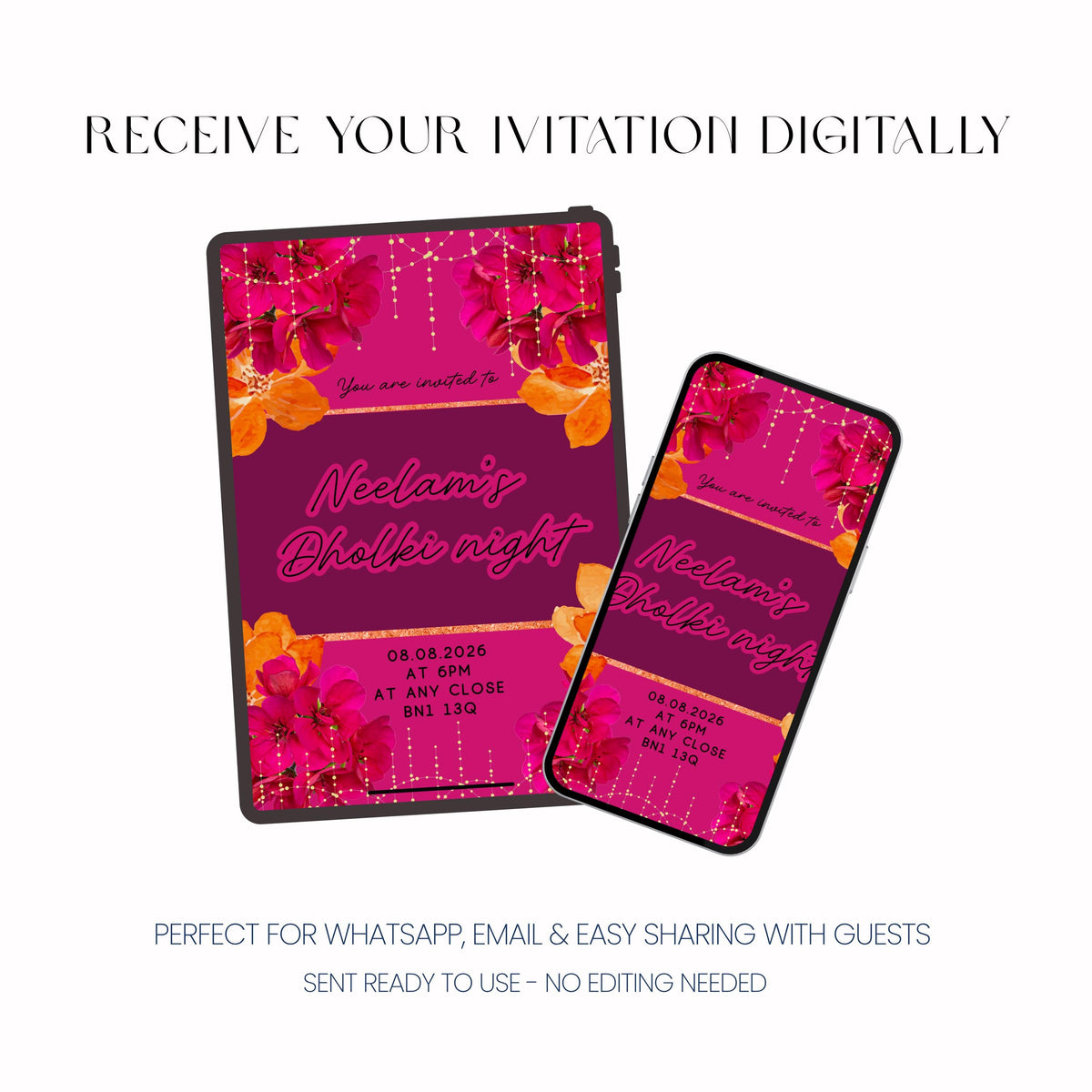 Dholki Night Invitation, Mehndi Party Invite, Personalised Digital Invite, Dholki Party PDF
