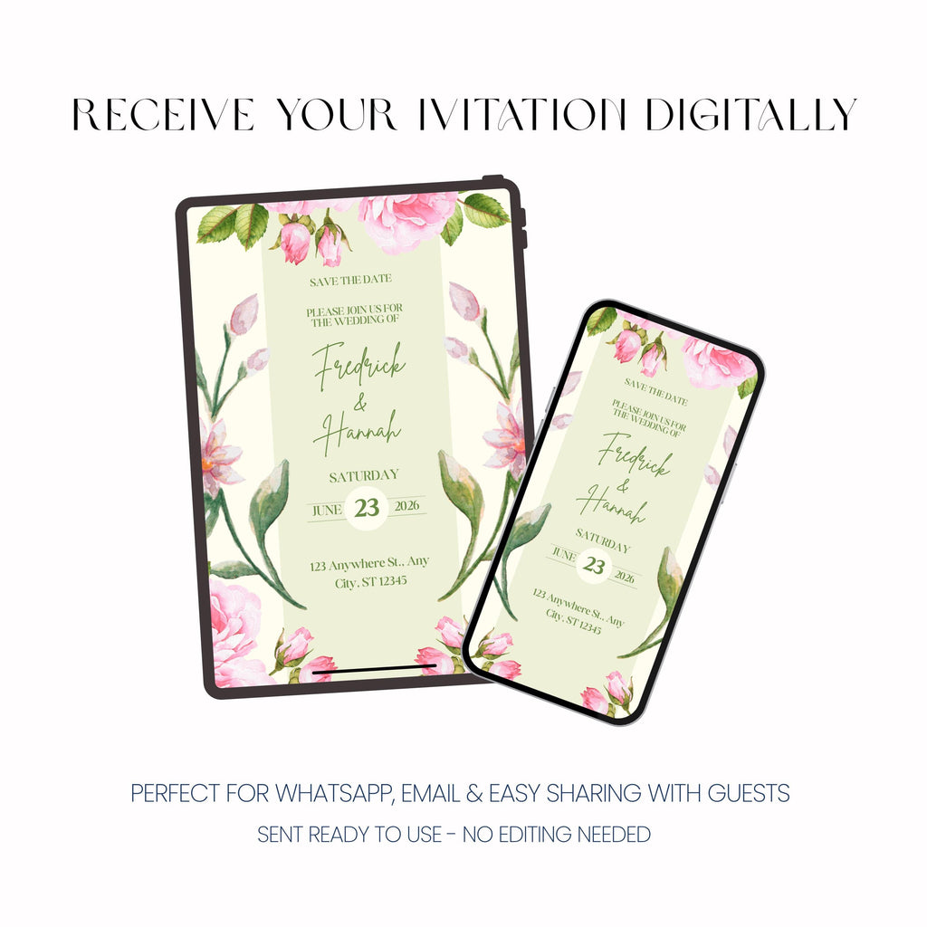 Floral Wedding Invitation Sage Green, Romantic Garden Wedding Invite, Personalised Digital Invite