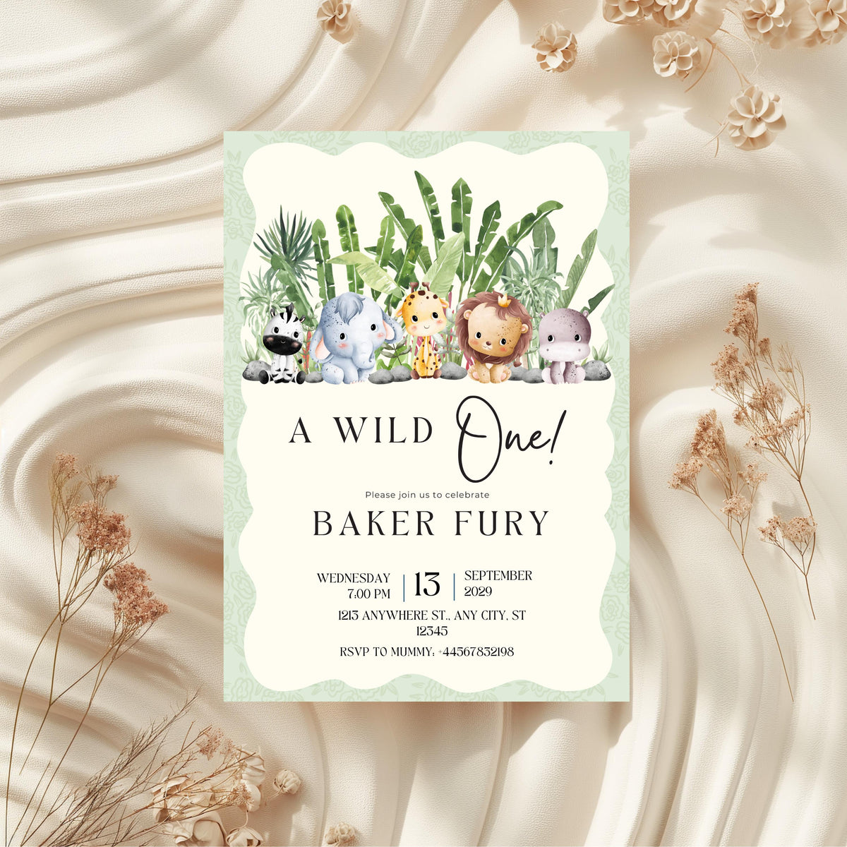 Wild One First Birthday Invitation, Safari Animal Party Invite, Personalised Digital Invitation