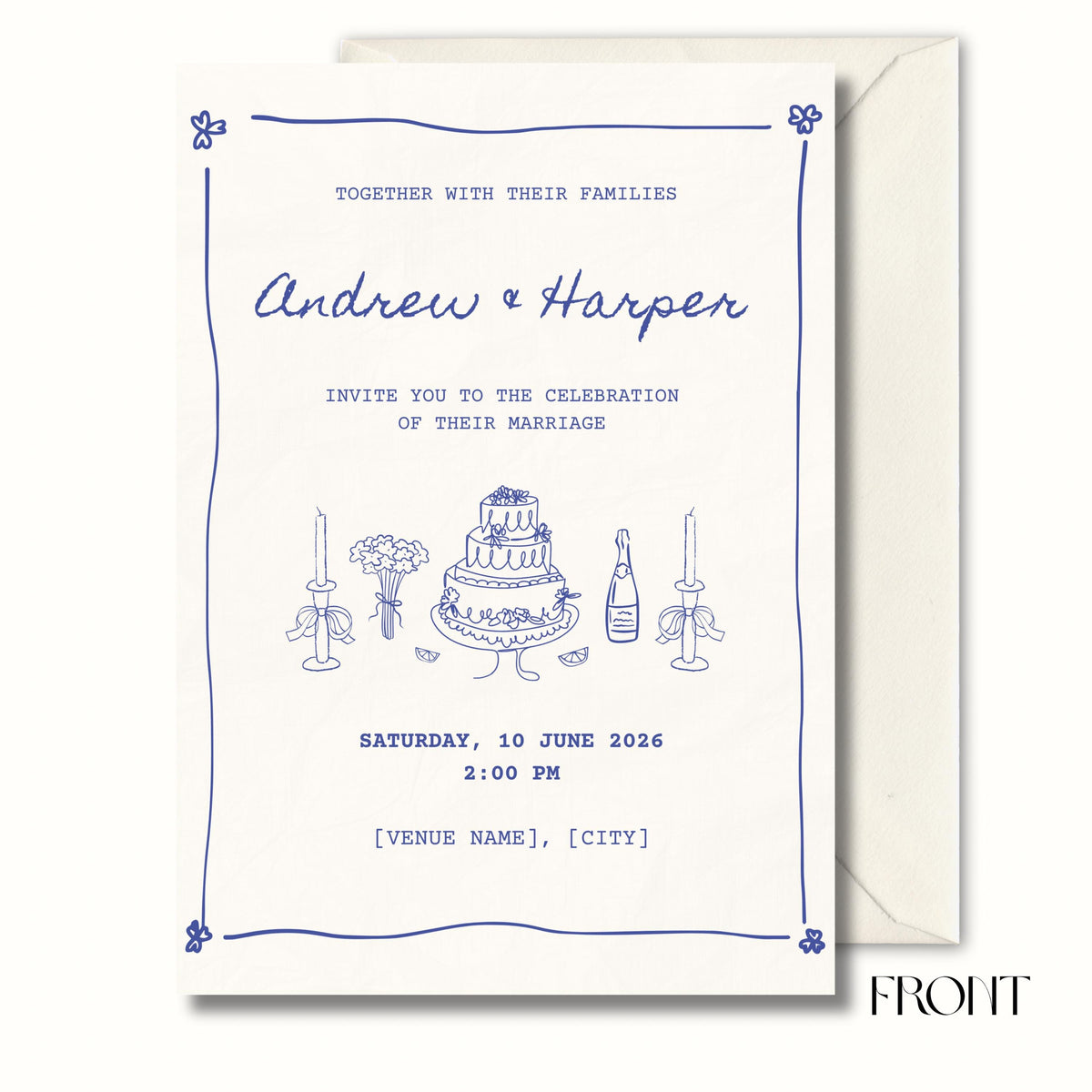 Blue Toile Wedding Invitation, Vintage Wedding Invite, Personalised Invitation