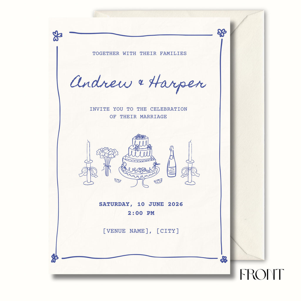 Blue Toile Wedding Invitation, Vintage Wedding Invite, Personalised Digital Invitation