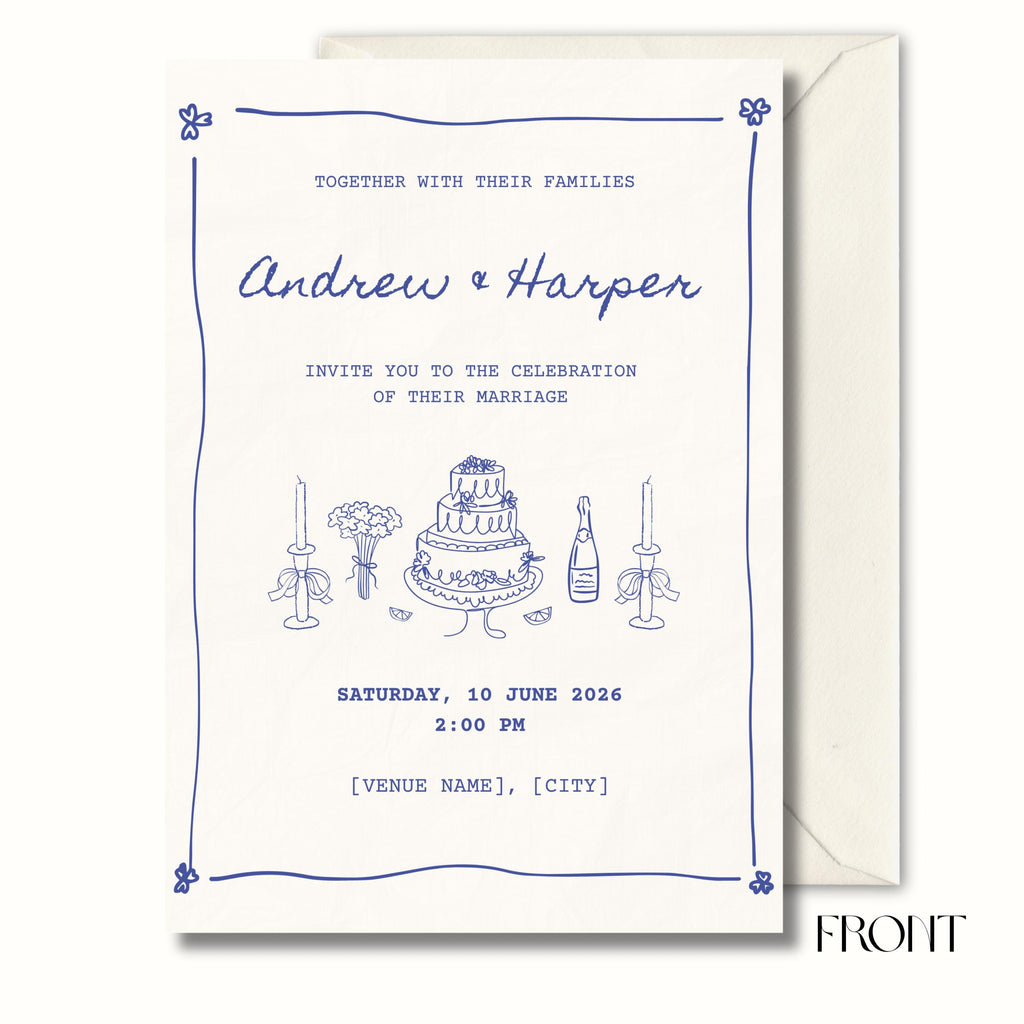 Blue Toile Wedding Invitation, Vintage Wedding Invite, Personalised Digital Invitation