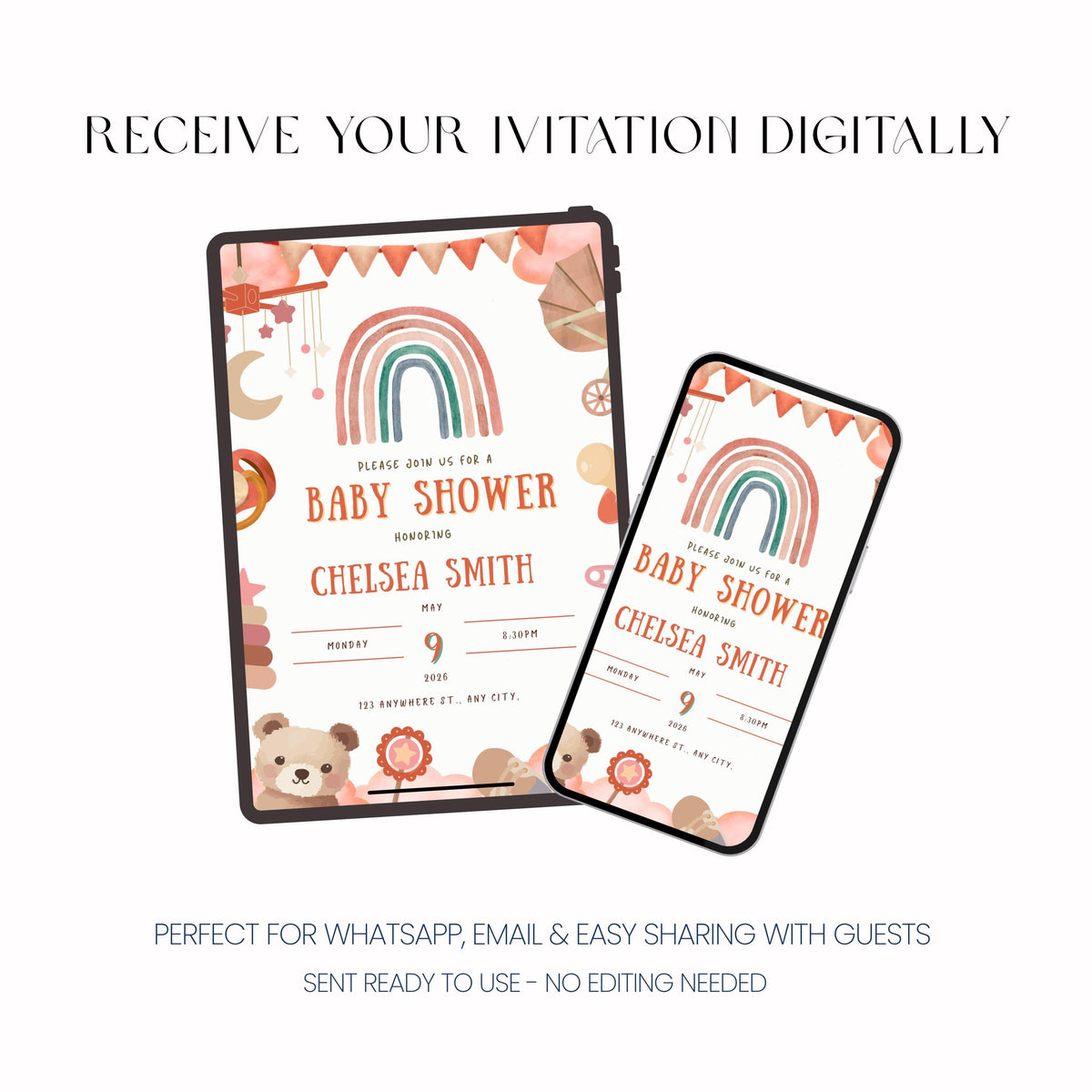 Boho Baby Shower Invitation, Neutral Baby Shower Invite, Personalised Digital Invitation