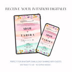Pastel floral personalised wedding invitation with soft pink and green tones displayed on tablet and phone for digital sharing