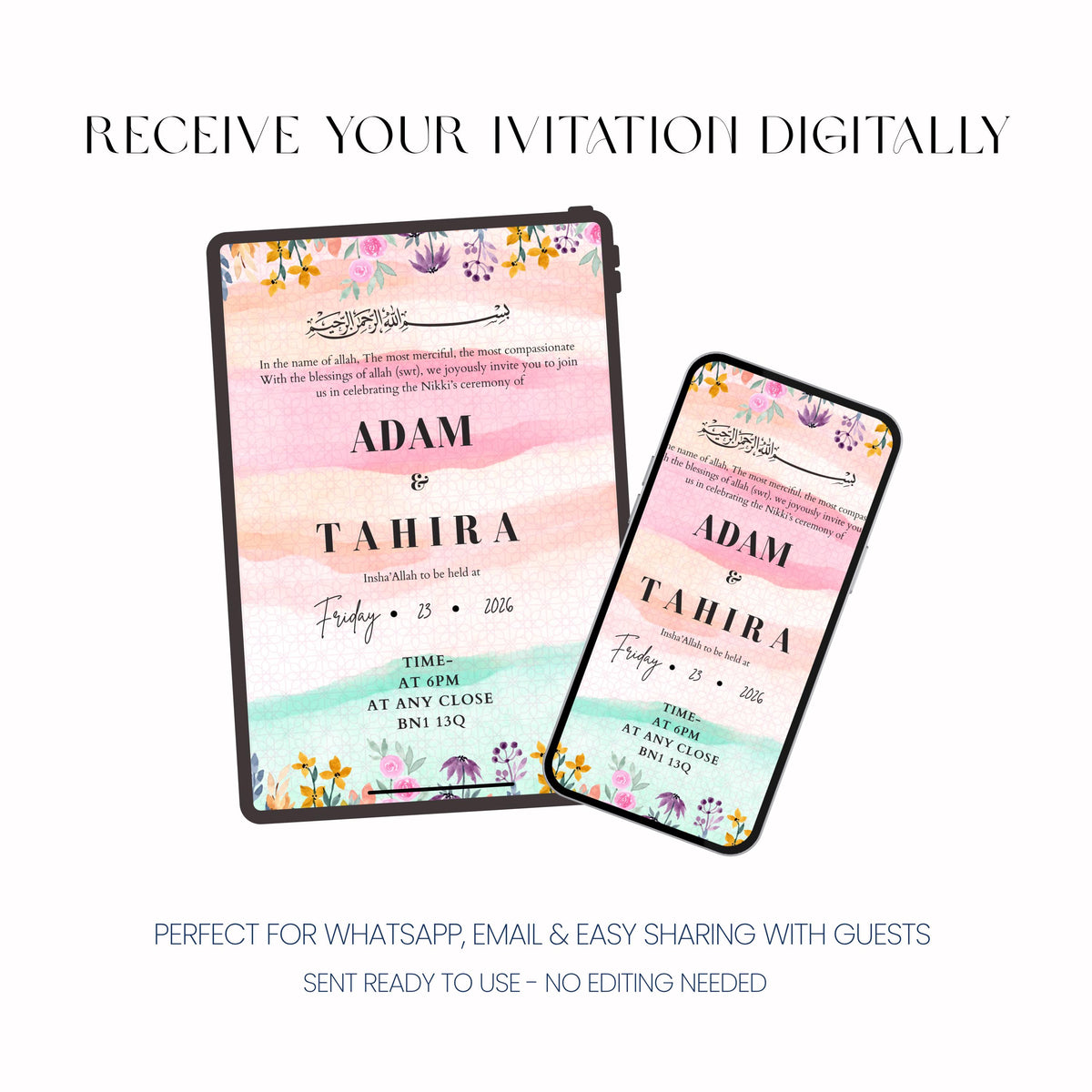 Pastel floral personalised wedding invitation with soft pink and green tones displayed on tablet and phone for digital sharing