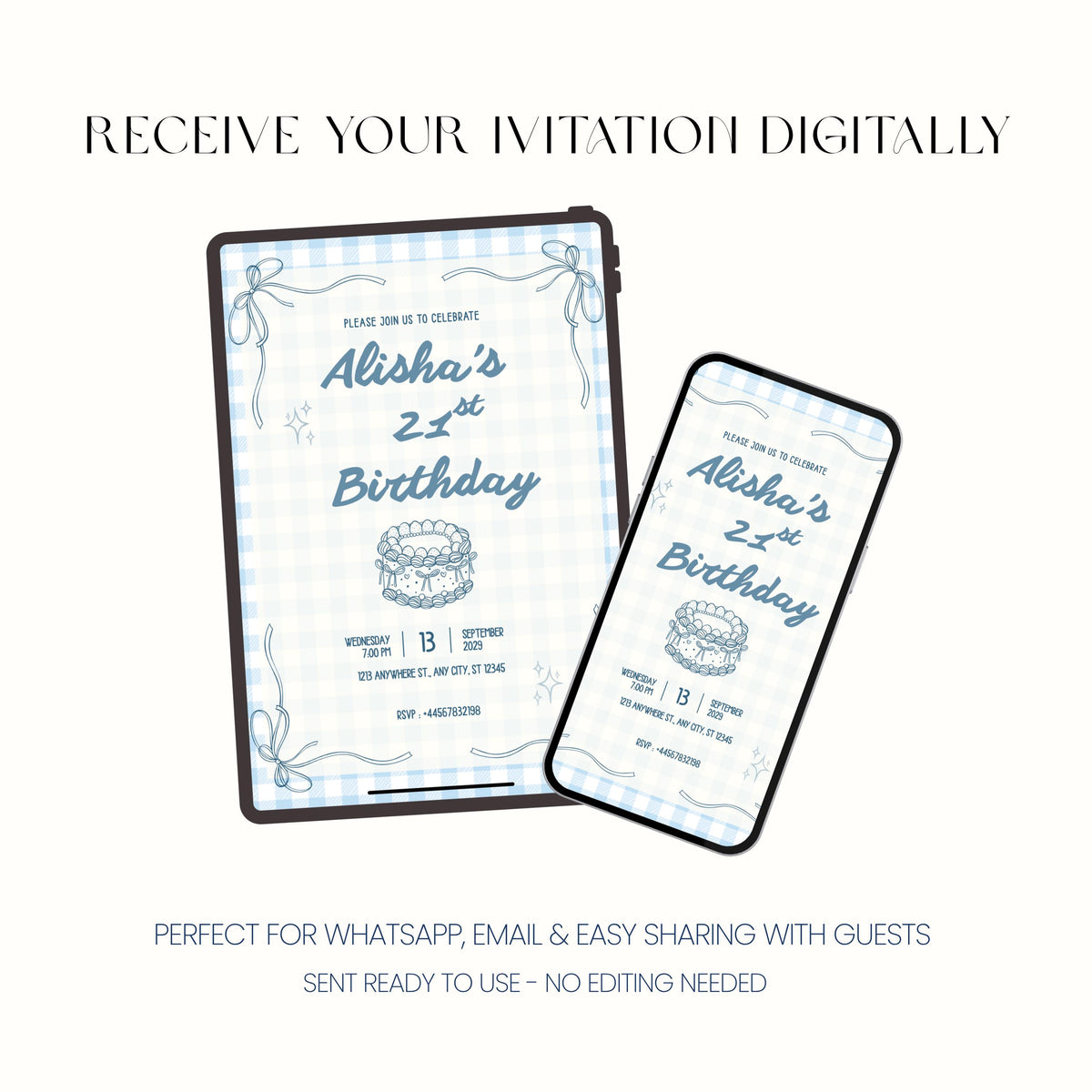 legant coquette bow birthday invitation with blue gingham design