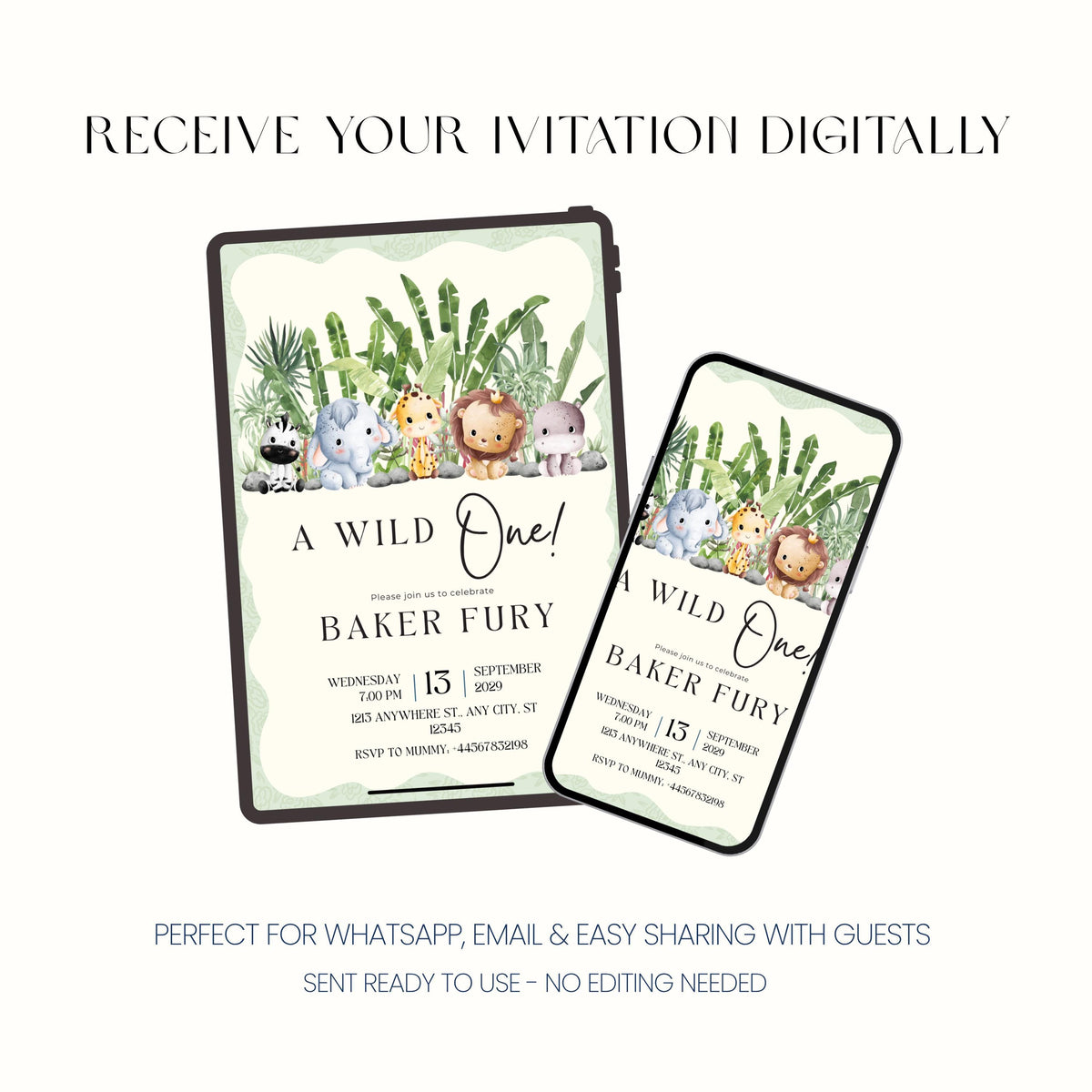Wild One First Birthday Invitation, Safari Animal Party Invite, Personalised Digital Invitation